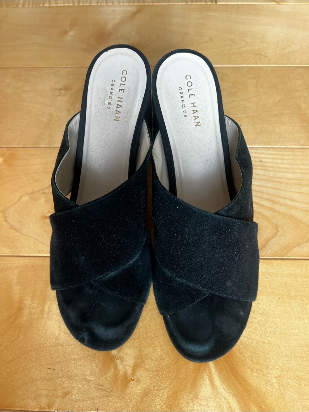 Cole Haan Black Suede Crossband Block Heel Sandal